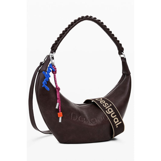 Desigual Brown Polyethylene Women Handbag with embossed logo and adjustable straps on white background.