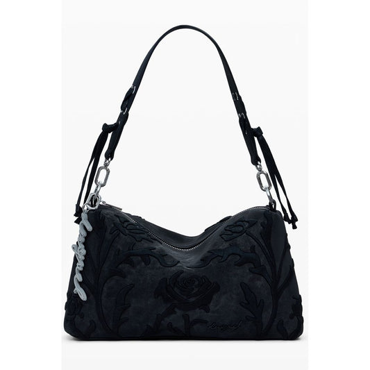 Desigual Black Polyethylene Women Handbag with floral embroidery and adjustable strap, combining style and functionality.