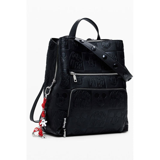 Desigual Black Polyethylene Women Backpack with Mickey design, featuring relief prints and adjustable straps for urban chic style.