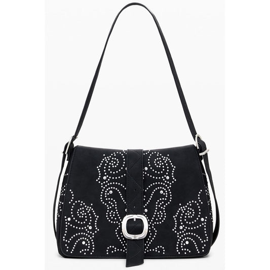 Desigual Black Polyethylene Women Handbag with studded design and adjustable strap.
