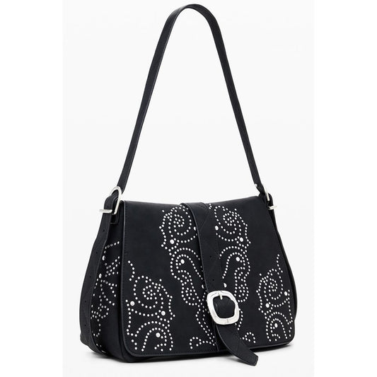 Desigual Black Polyethylene Women Handbag with studs, featuring adjustable strap and external pocket for edgy elegance.