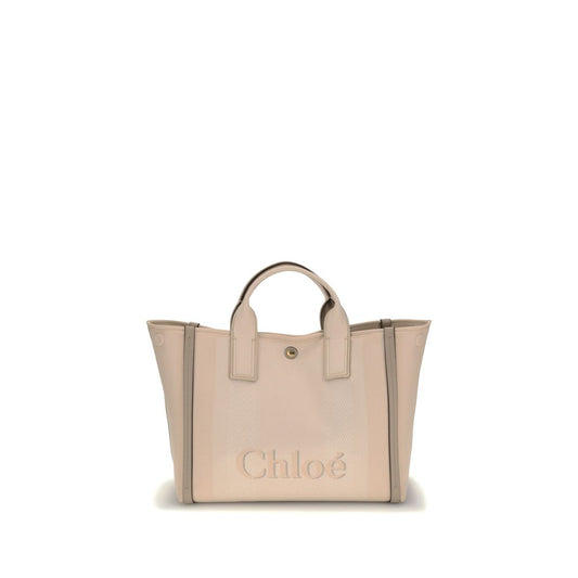Chloé Beige Cotton Handbag with leather details and iconic monogram, featuring snap top closure and double flat handles.