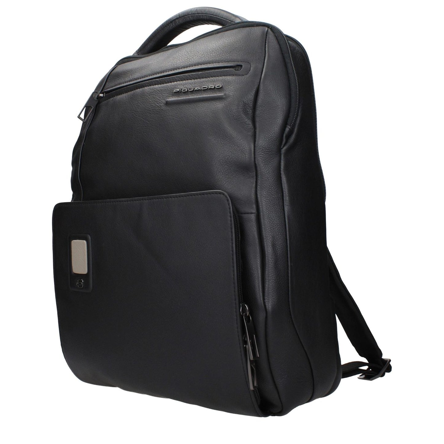 Piquadro Black Leather Backpack with adjustable straps and front logo, includes iPad/PC case, MPN CA5105AON, code F84381