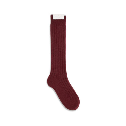 Brunello Cucinelli Bordeaux Cashmere Socks, knee-high fine ribbed knit, featuring luxury comfort and a sophisticated style.
