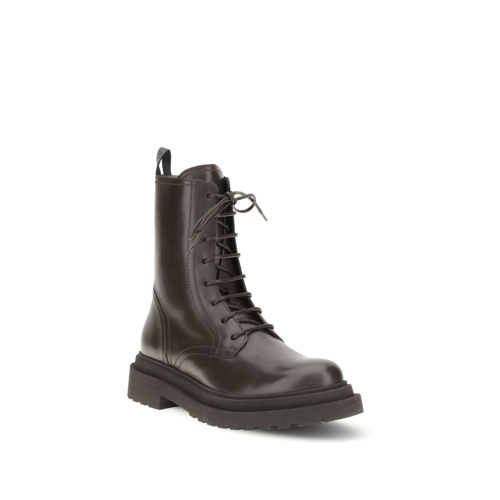 Brunello Cucinelli Brown Leather Lace-Up Boots with topstitched design and side zipper, perfect for AW25 collection.