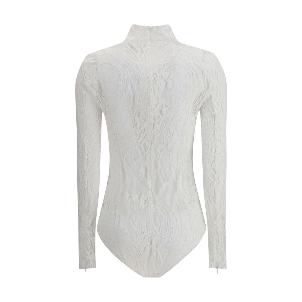 Back view of Balmain White Cotton Top, sheer lace bodysuit with high neck and zip, perfect for bold and feminine looks.