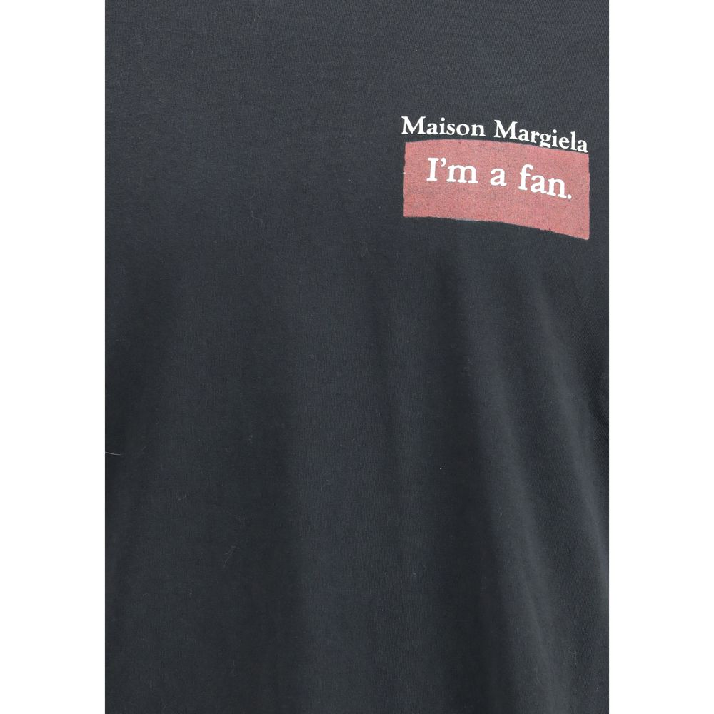 Margiela Black Cotton T-Shirt featuring Maison Margiela logo and 'I'm a fan' text displayed on the front.
