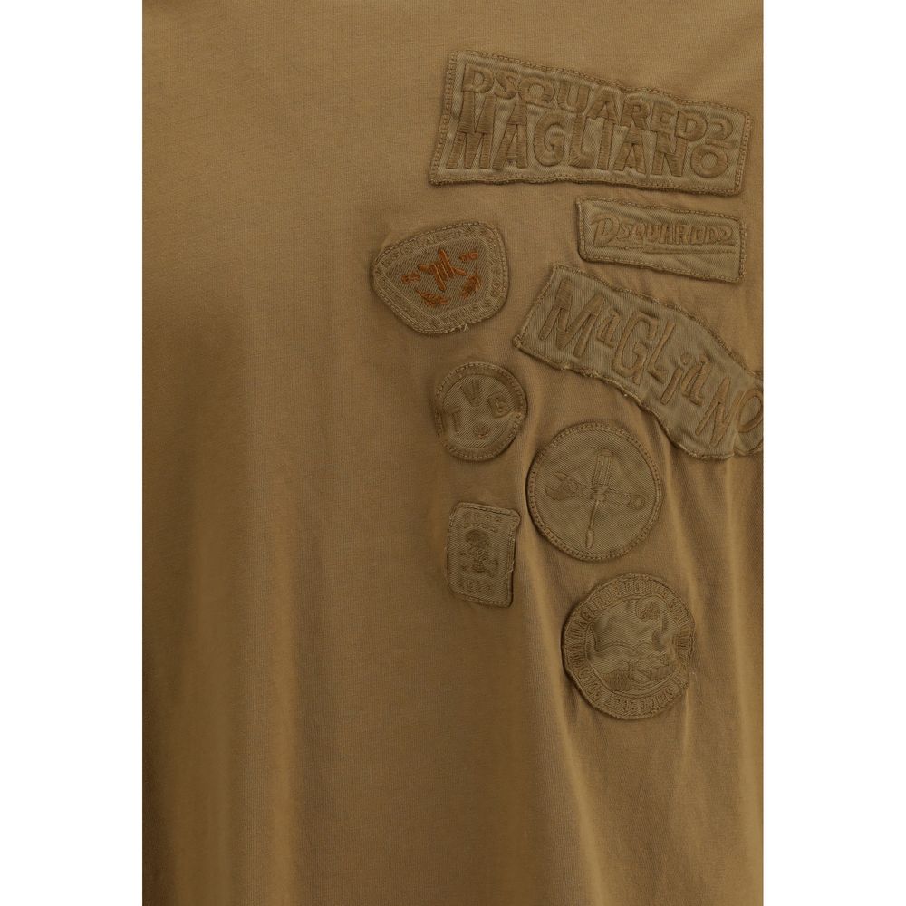 Dsquared² Brown Cotton Sportswear T-Shirt with embroidered patches, featuring a classic ribbed crew neck, showcasing brand's bold aesthetic.