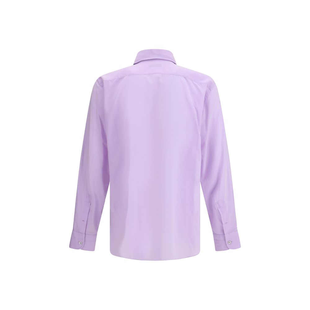Rear view of Tom Ford Purple Cotton Dress Shirt with classic collar and asymmetrical hem, elegant and modern style for AW25 season.