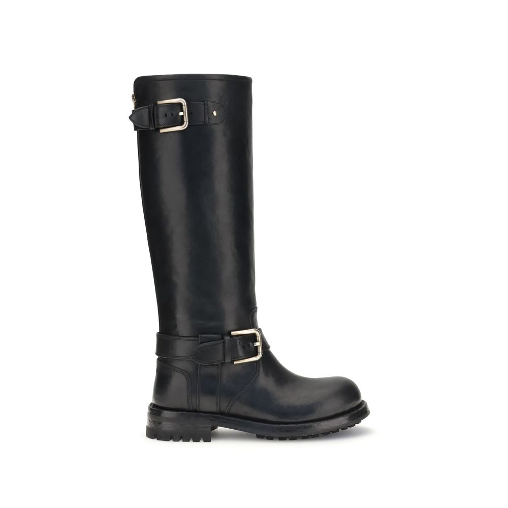 Dolce & Gabbana Black Calf Leather Bos Taurus Lace-Up Boots with matte gold buckles, Bernini base, perfect for stylish casual wear.
