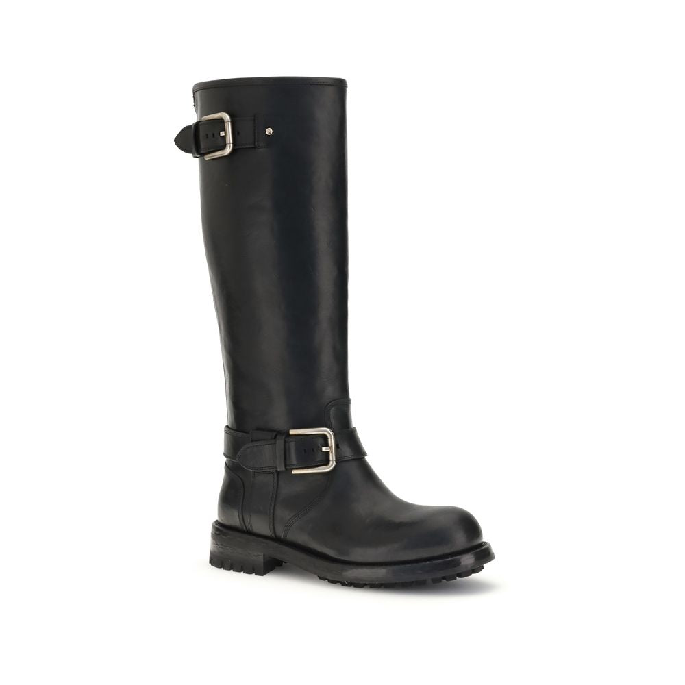 Dolce & Gabbana Black Calf Leather Bos Taurus Lace-Up Boots with gold buckles and durable TPU sole, perfect for casual sophistication.