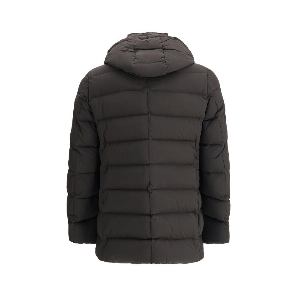 MooRER Black Polyamide Coat - back view of quilted down jacket with hood, designed for warmth and style.