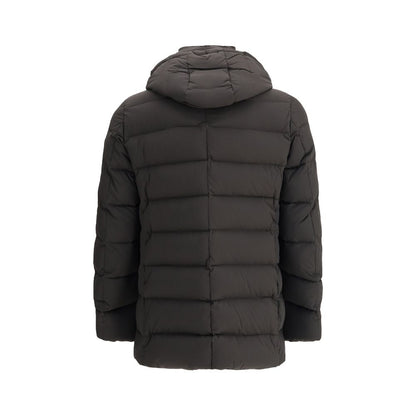 MooRER Black Polyamide Coat - back view of quilted down jacket with hood, designed for warmth and style.