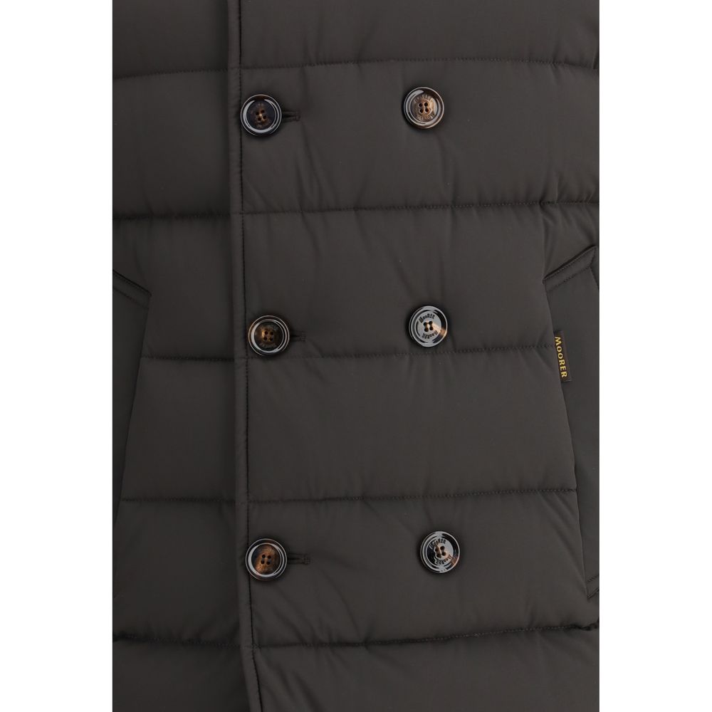 MooRER Black Polyamide Coat detail showing double-breasted button closure and quilted design for AW25 collection.