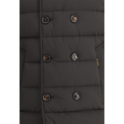 MooRER Black Polyamide Coat detail showing double-breasted button closure and quilted design for AW25 collection.