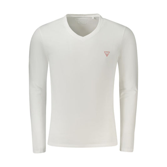 Guess Jeans White Cotton T-Shirt long sleeve, super slim fit, V-neck, with logo applique, made of organic cotton