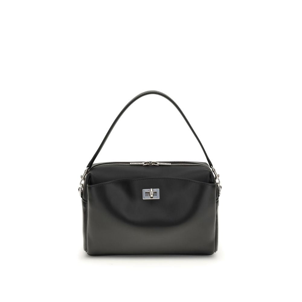 Alt Tag: Balenciaga Black Calf Leather Bos Taurus Shoulder Bag with silver hardware, front pocket, and adjustable strap.