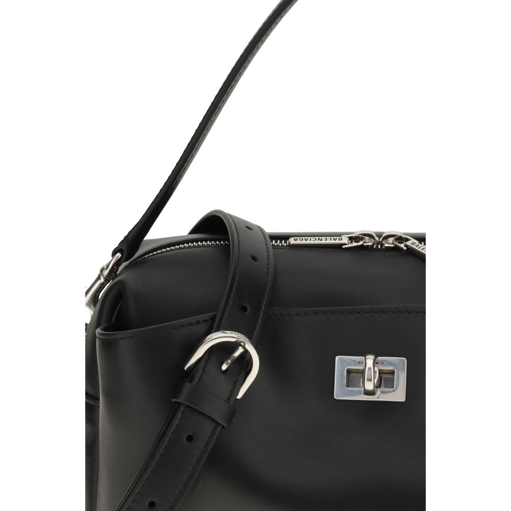 Balenciaga Black Calf Leather Bos Taurus Shoulder Bag with silver-tone hardware and adjustable strap.