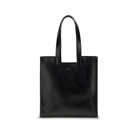 Bally Black Calf Leather Bos Taurus Shoulder Bag with gold logo and versatile design, showing front view with handles.