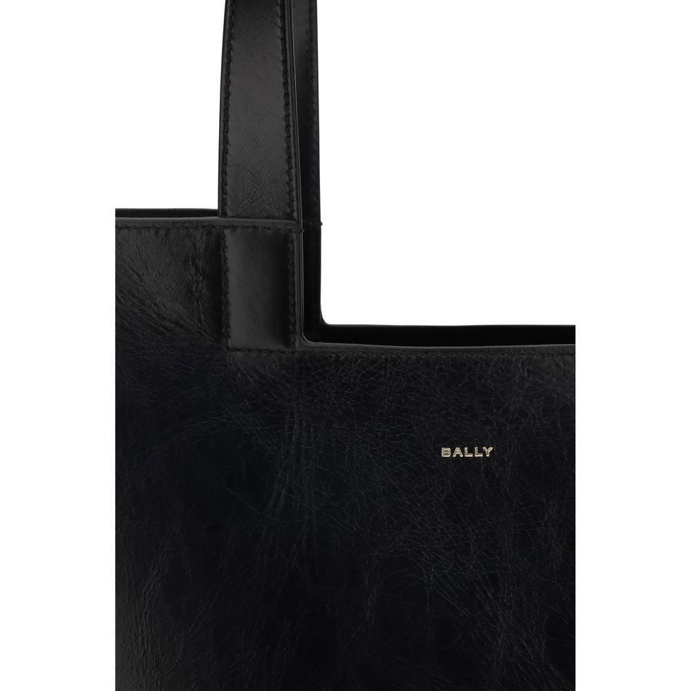 Close-up of Bally Black Calf Leather Bos Taurus Shoulder Bag with gold-laminated logo and minimalist design.