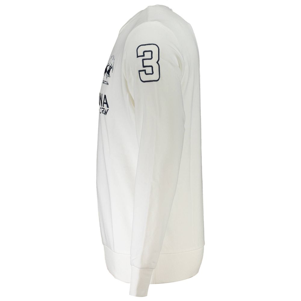 La Martina White Cotton Men's Sweater side view with embroidery, luxurious sporty design, cotton-polyester blend