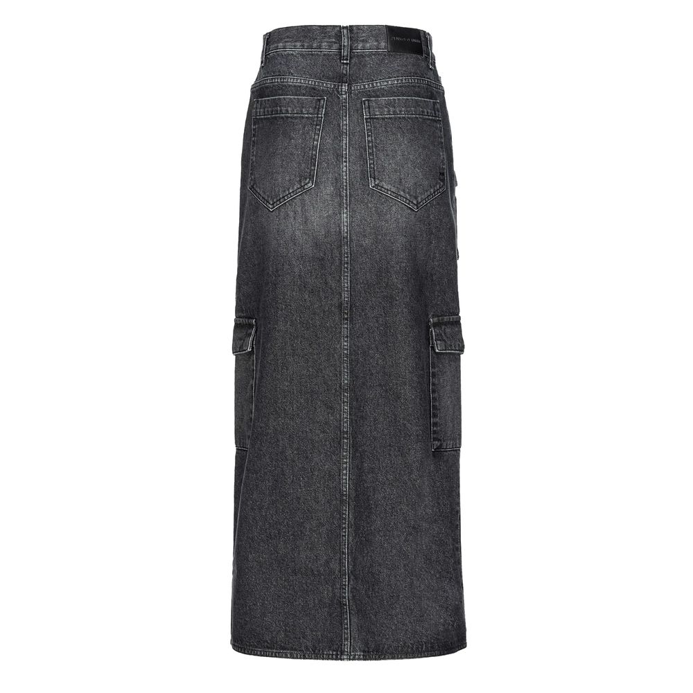 PINKO Black Cotton Skirt featuring long design, zip closure, back and flap pockets, side pockets. Perfect for stylish outfits.