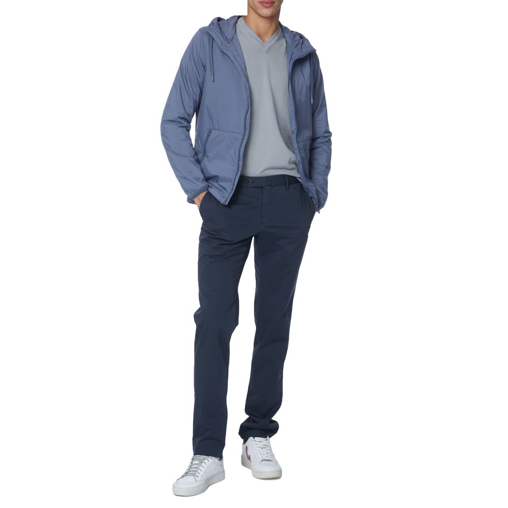 Herno Blue Polyamide Jacket with hood, front zips, elasticated cuffs, and drawstring waist worn by a model.