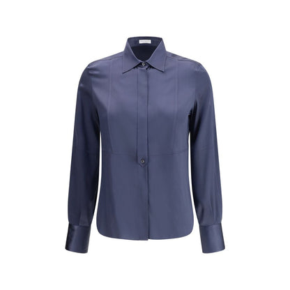 Brunello Cucinelli Blue Silk Blouse with satin elegance and monile embroidery