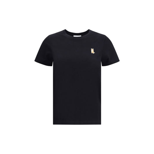 Maison Kitsuné Black Cotton T-Shirt with embroidered fox patch on front, ribbed crew neck for casual look, AW25 season, 100% cotton.