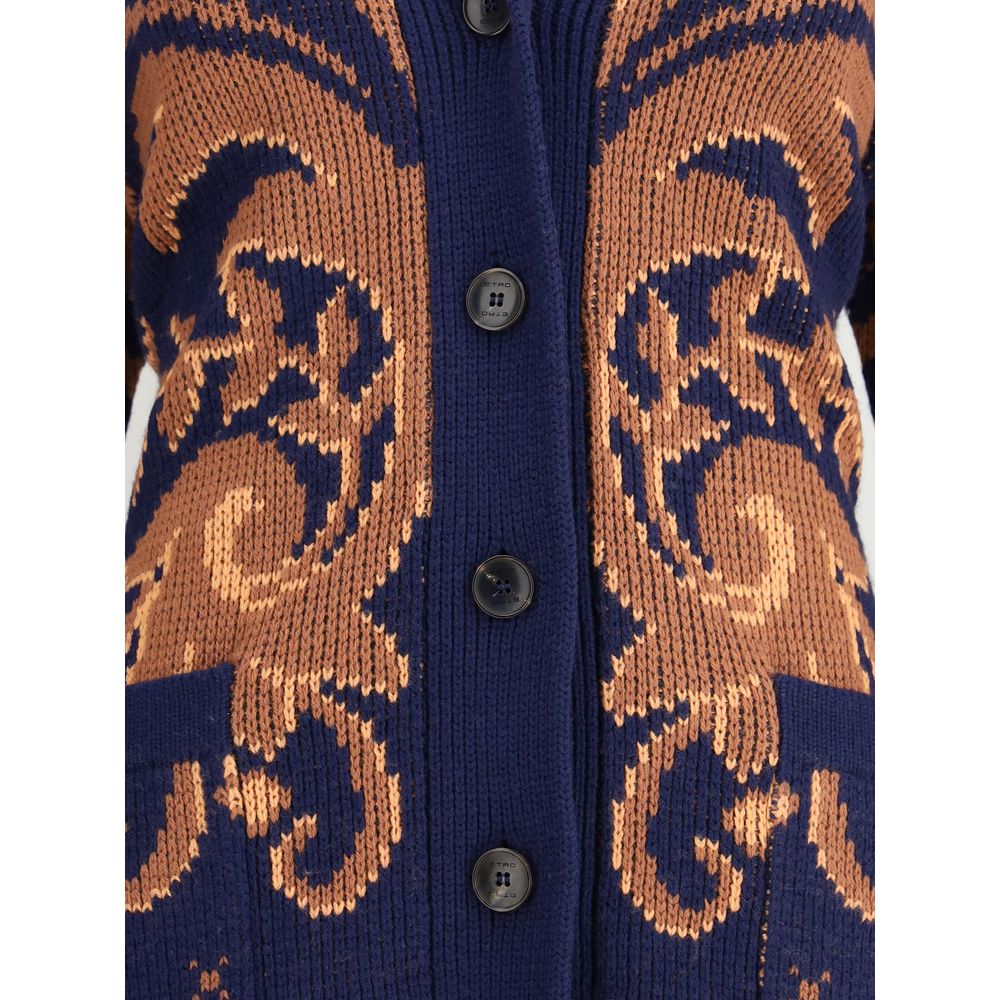 Etro Multicolor Wool Cardigan with floral jacquard pattern, V-neck, button closure, and side patch pockets, oversize fit, 100% wool.