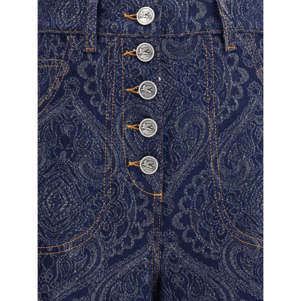 Etro Blue Cotton Flared Jeans with abstract jacquard pattern and Pegaso button, featuring detailed denim texture and stitching.