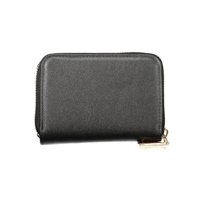 Mario Valentino Black Polyethylene Wallet with 6 compartments, coin purse, double card spaces and zip closure, featuring logo.