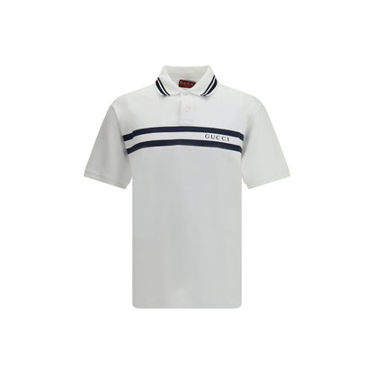 Gucci White Cotton Polo Shirt with striped print and centered logo, designed for a relaxed fit, part of AW25 collection, 95% cotton 5% elastane.