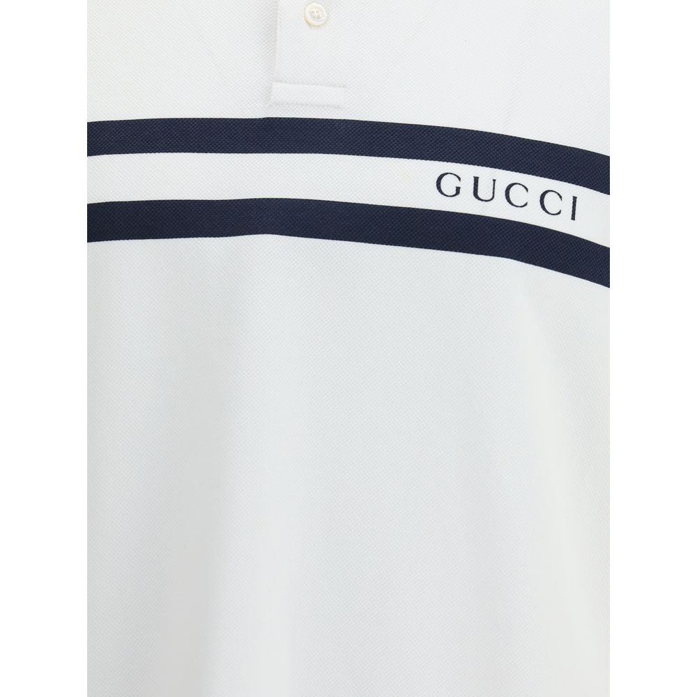 Gucci White Cotton Polo Shirt with striped print and logo on front, regular fit, 95% cotton 5% elastane, modern style, AW25 season.