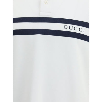 Gucci White Cotton Polo Shirt with striped print and logo on front, regular fit, 95% cotton 5% elastane, modern style, AW25 season.