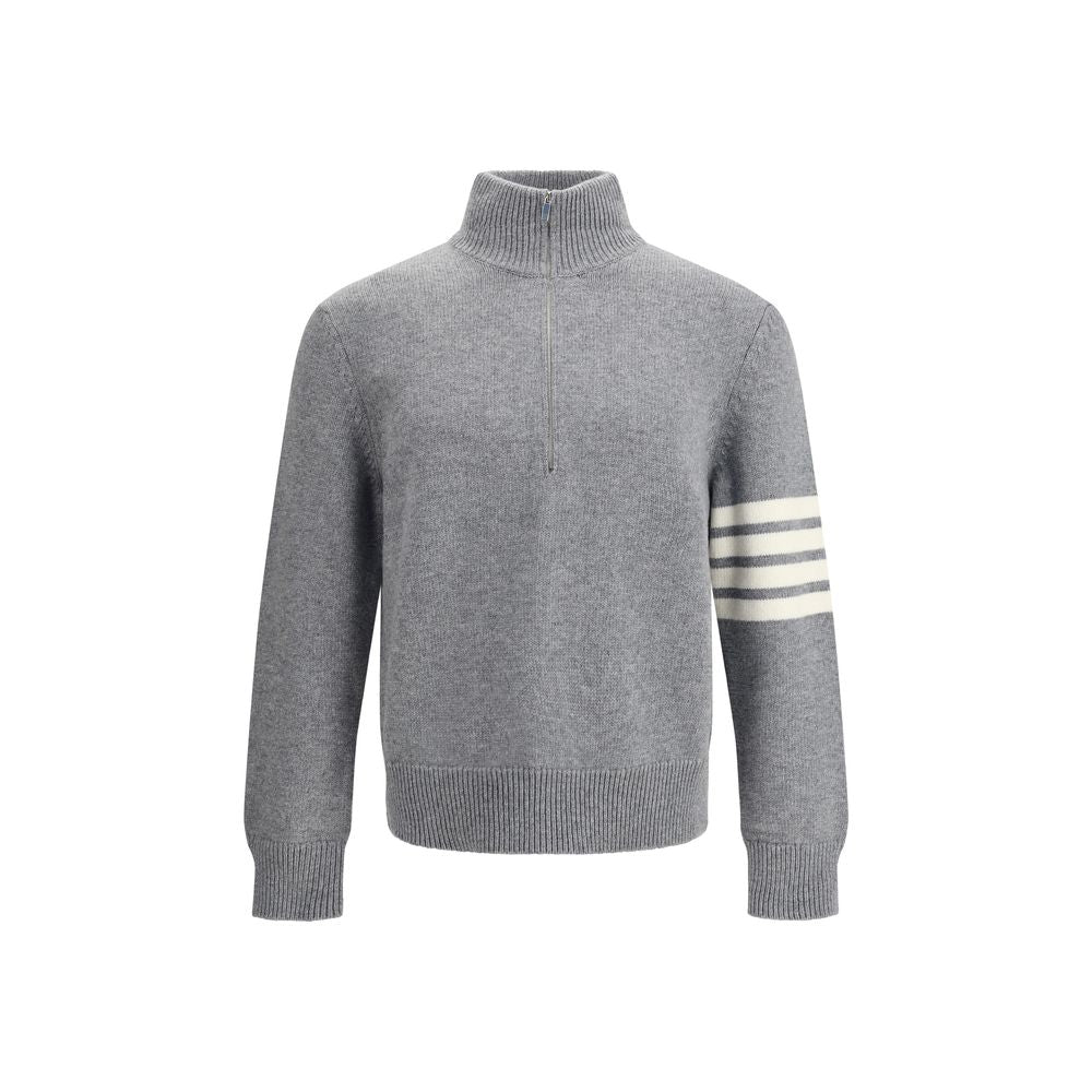 Thom Browne Gray Fleece Wool Sweatshirt with 4-Bar intarsia, half-zip collar, oversized fit. Elegant and contemporary AW25 fashion.
