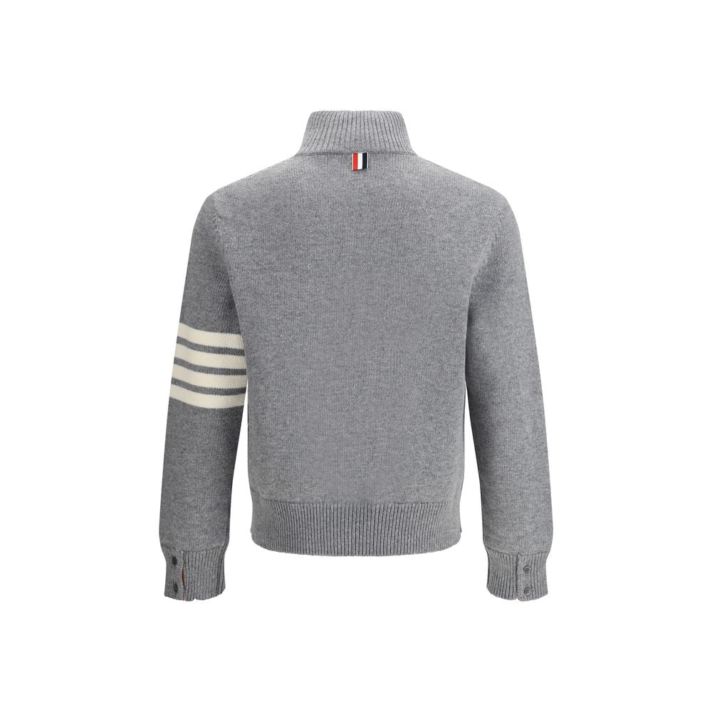 Thom Browne Gray Fleece Wool Sweatshirt with 4-Bar intarsia and half-zip collar, back view.