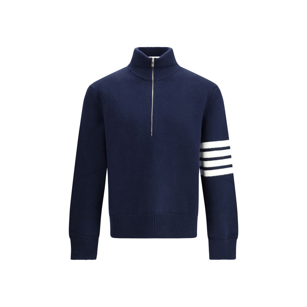 Thom Browne Blue Fleece Wool Sweatshirt with 4-Bar intarsia and half-zip collar for AW25 season