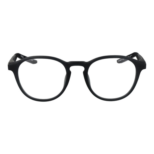 Front view of Nike Black Men Glasses Frame with full-rim, stainless steel, round style, demo lenses in branded case.