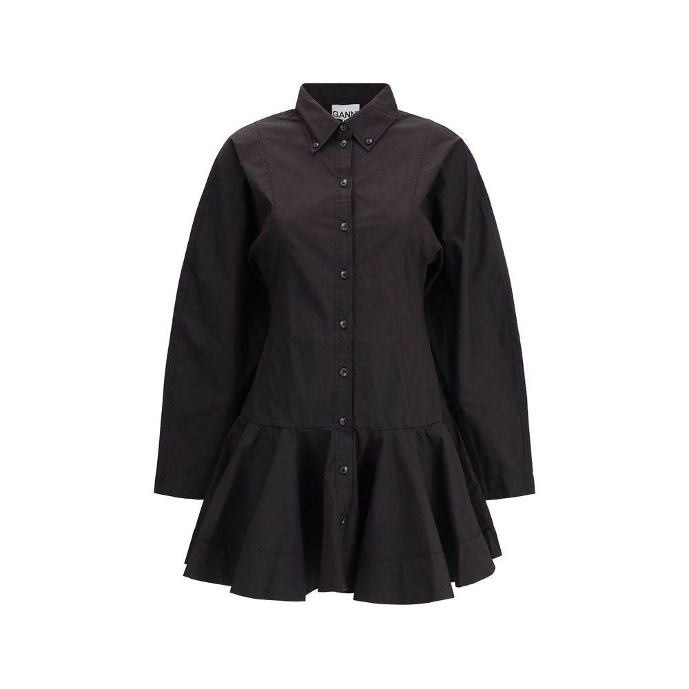 Ganni Black Cotton Casual Dress with long sleeves, classic collar, and gathered hemline, featuring a front button closure for a feminine look.