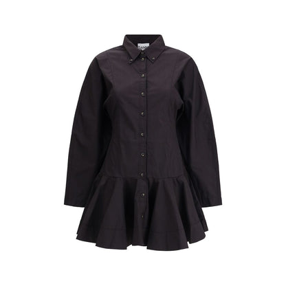 Ganni Black Cotton Casual Dress with long sleeves, classic collar, and gathered hemline, featuring a front button closure for a feminine look.