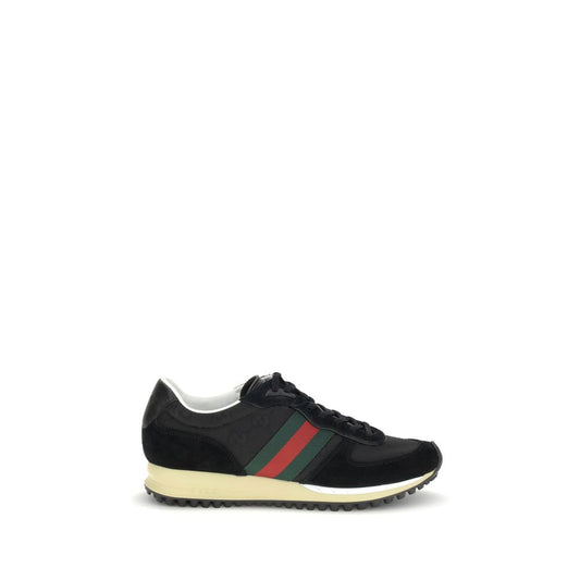 Gucci Black Polyamide Athletic Sneakers with GG canvas, suede trim, green and red Web stripe, Interlocking GG logo on rubber sole.