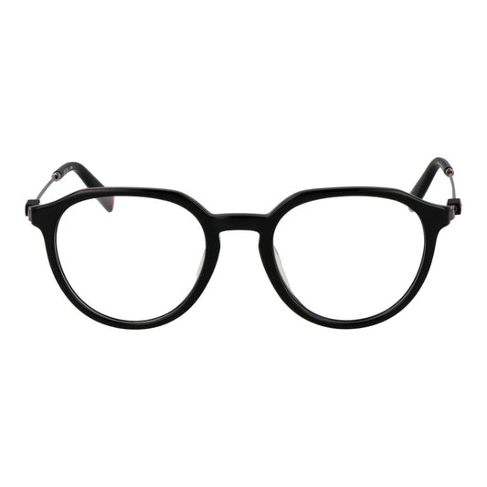 Fila Black Unisex Glasses Frame in metal full-rim, demo lenses, panto style, size 50-20-145, includes branded case.