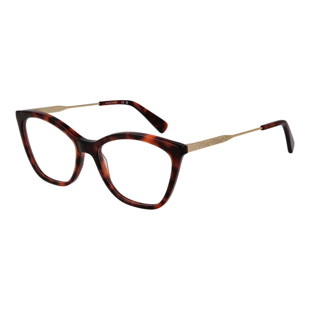 Longchamp Brown Women Glasses Frame with full-rim cat-eye style; metal and plastic material; 54-17-145 size; includes branded case.