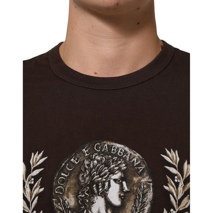 Dolce & Gabbana Brown Coin Laurel Print Men Crew Neck T-shirt