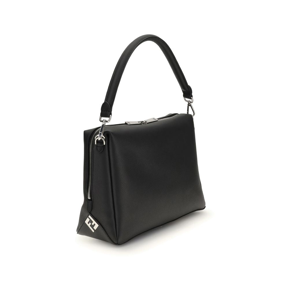 Fendi Black Calf Leather Bos Taurus Shoulder Bag with FF metal corner accents and palladium-finish hardware.