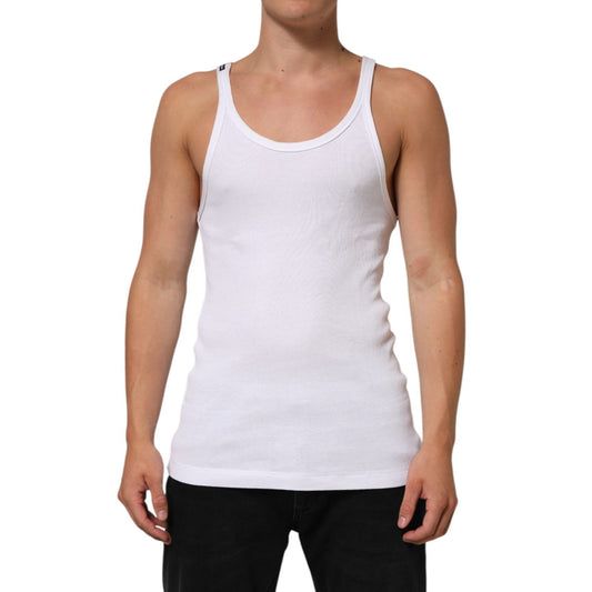 Dolce & Gabbana White Sleeveless Round Neck Tank Top T-shirt featuring a classic design, regular fit, and logo detail. Made in Italy.