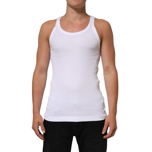 Dolce & Gabbana White Sleeveless Round Neck Tank Top T-shirt on male mannequin, breathable cotton fabric, front view, features round neckline