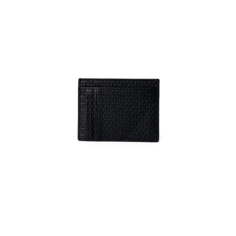 Armani Exchange Black Leather Wallet with embossed AX logo, made of 100% bovine leather and featuring a durable polyester interior.