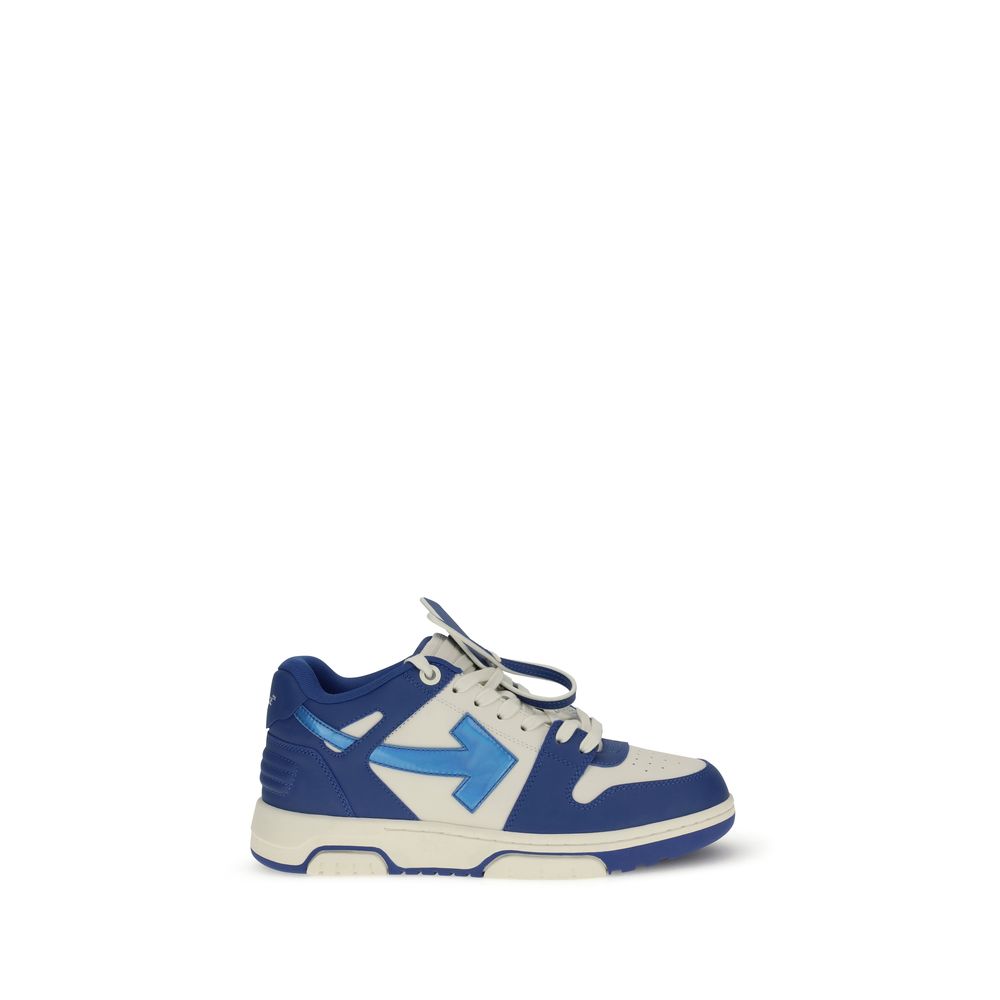 Alt Tag: Off-White Blue Leather Chunky Sneakers featuring arrows motif and safety tag, urban-inspired design, flat rubber sole, AW25 season.